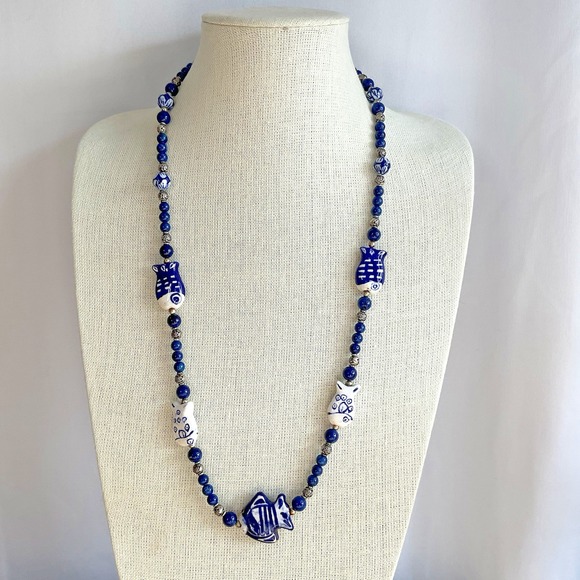 Vintage Blue White Ceramic Fish Bead Necklace 28" Hand Painted Porcelain Ocean - Picture 3 of 8